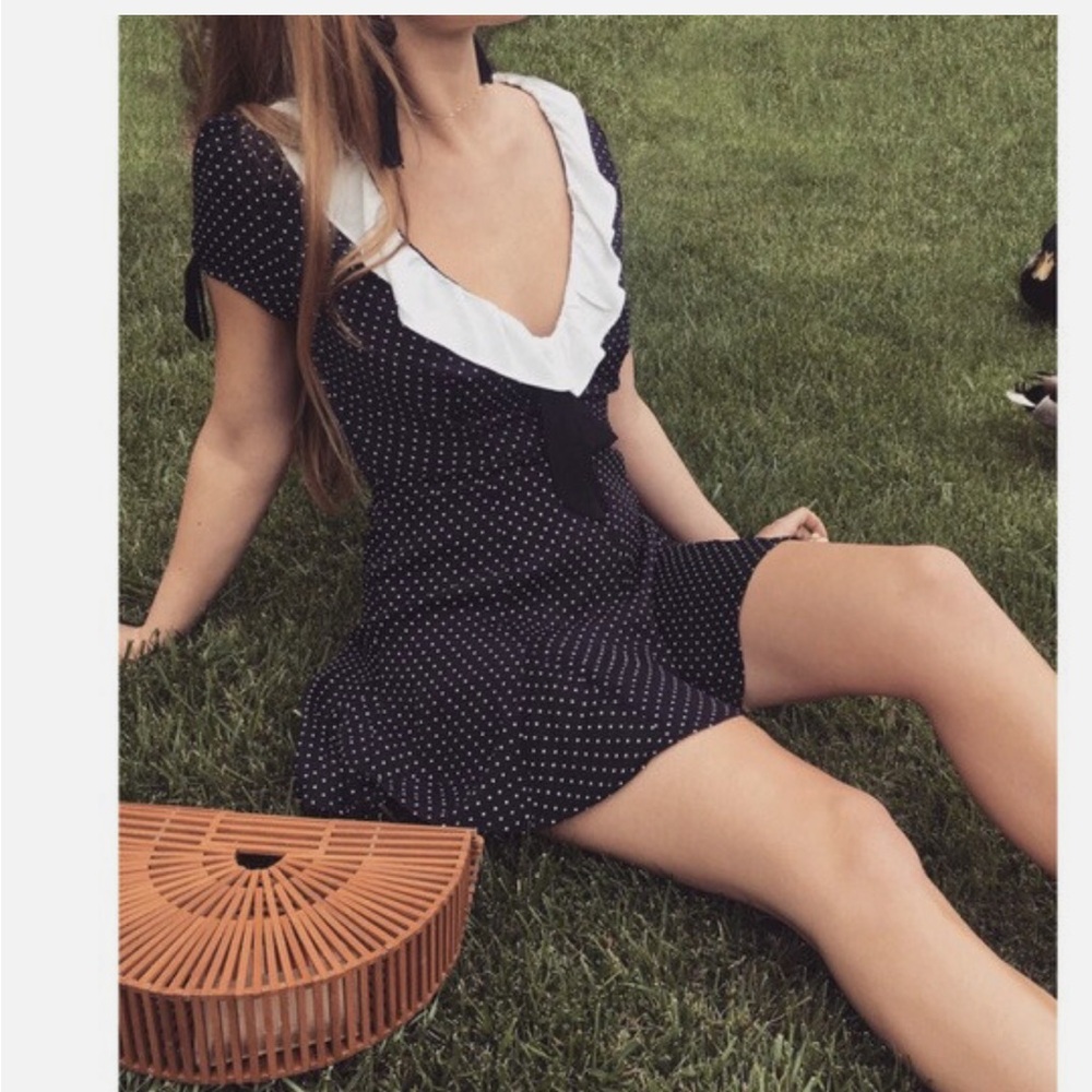 Rare For Love and Lemons Bianca Polka Dot Mini Dress Small Ruffle Bow Collar